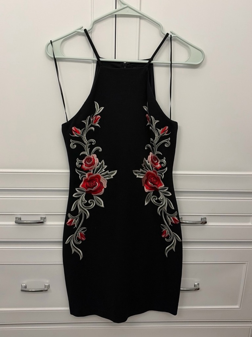 Express Black Mini Dress with Red Rose Embroidery